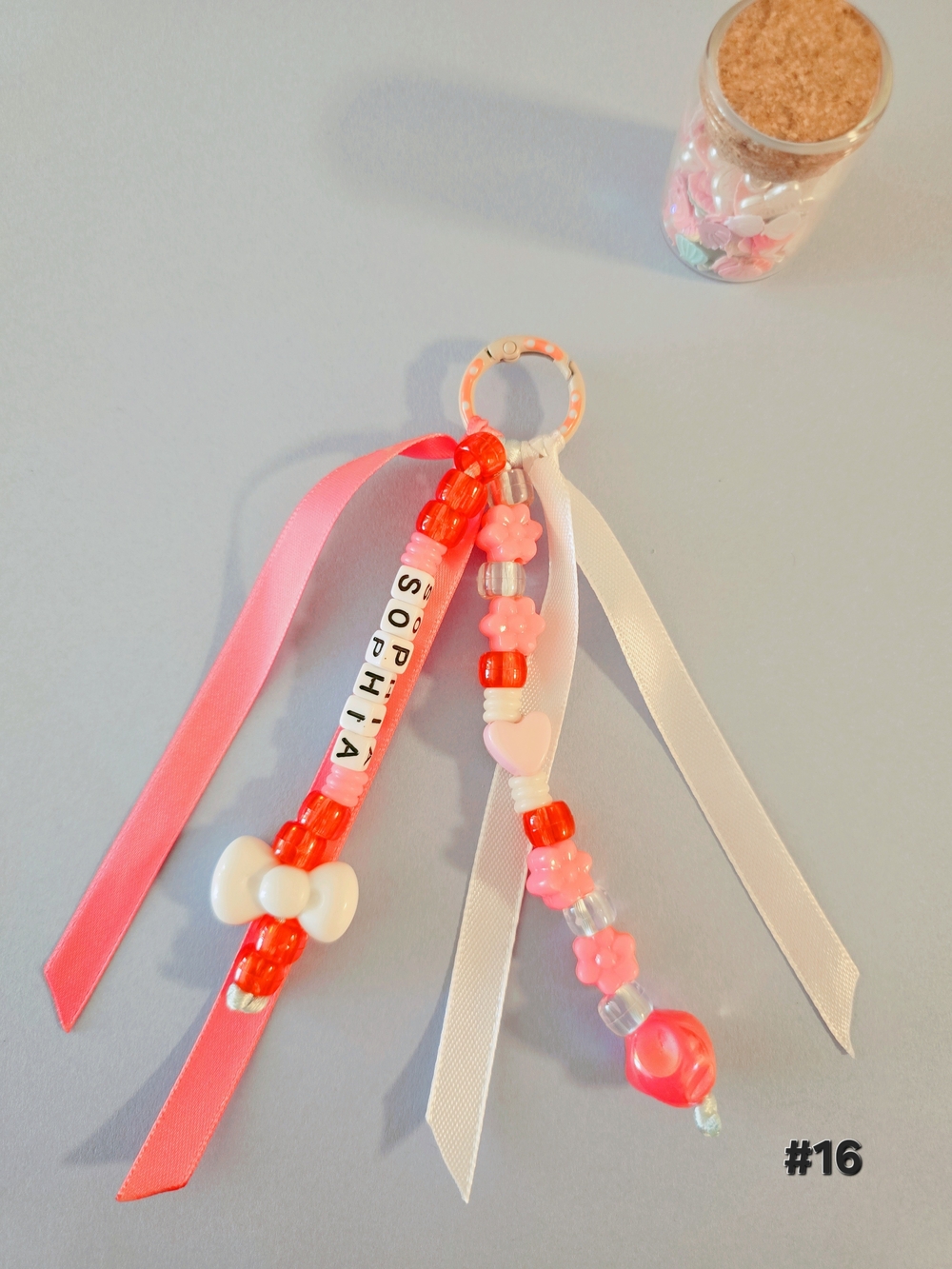 Personalized Pink Beaded Keychain Charm  - Sophia